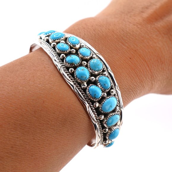 Navajo‎ Bracelet Cluster Turquoise Jewelry Sterling Silver NA Women's Sz 6.25 ** - Picture 3 of 10
